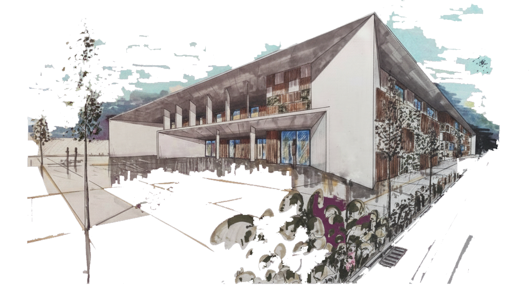 Representación arquitectónica de un edificio de dos plantas con cubierta plana, grandes ventanales y fachada parcialmente de piedra.