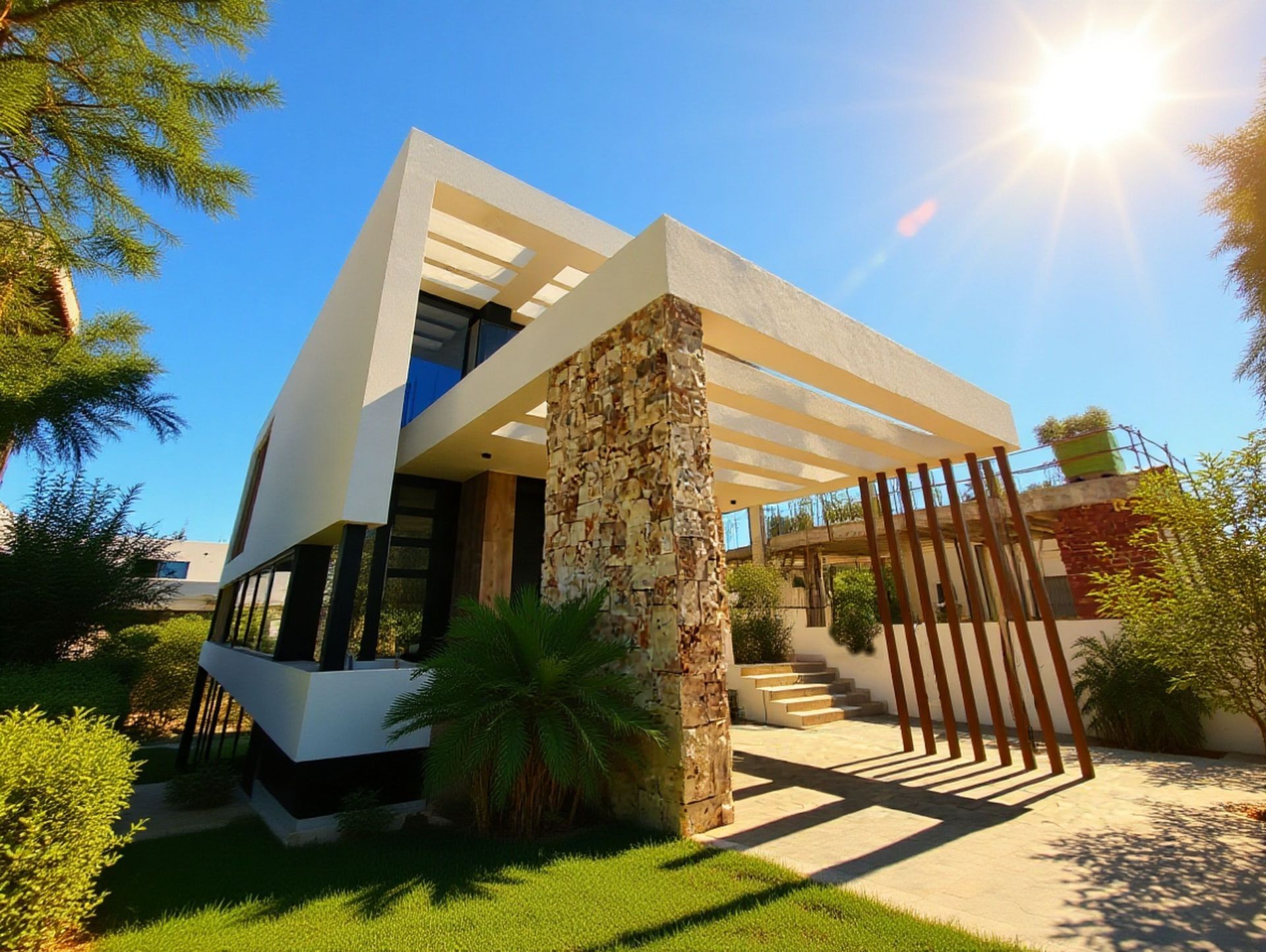 Moderna casa blanca con columna de piedra y enrejado de madera, día soleado.