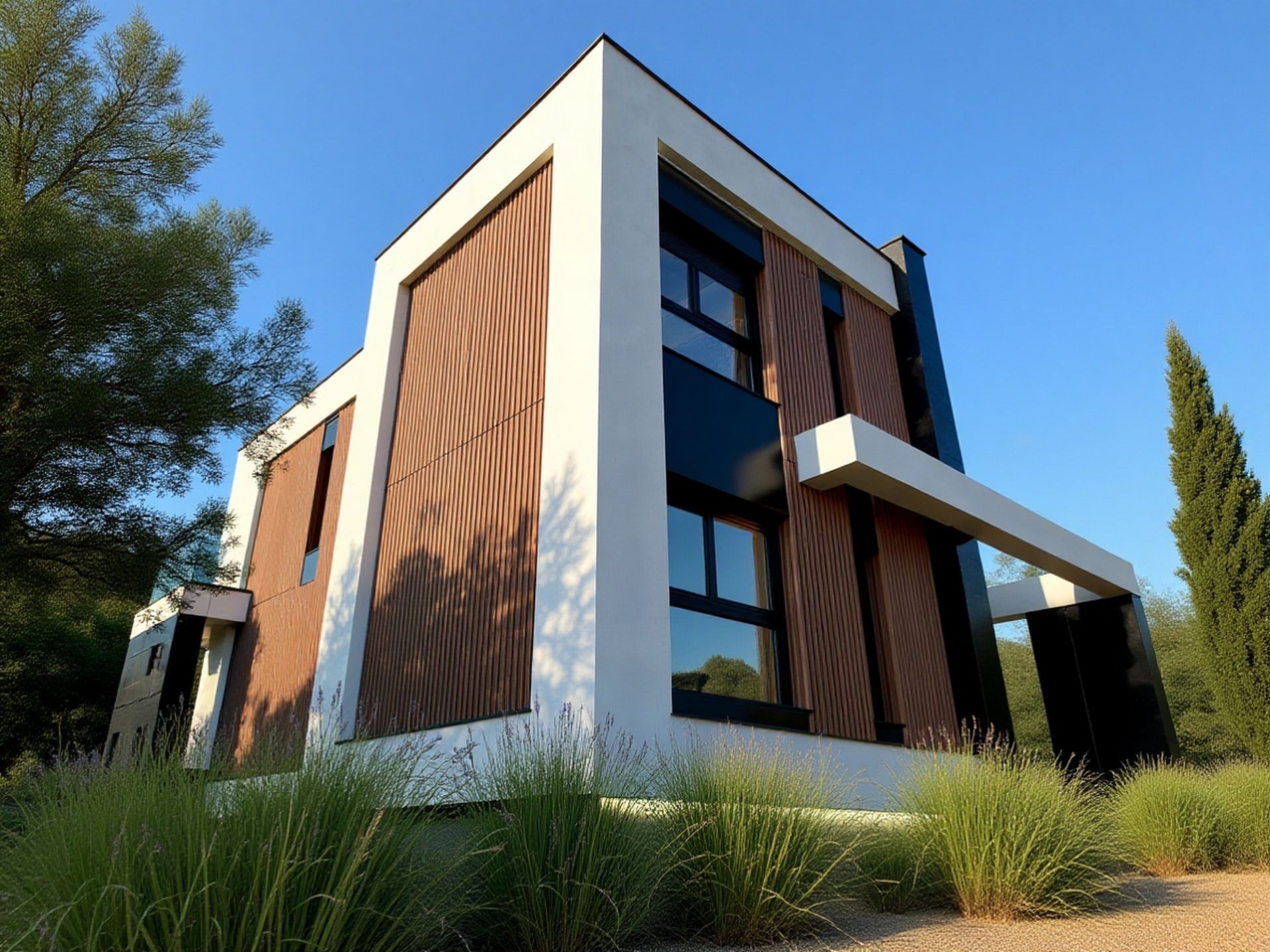 Casa moderna de dos pisos con molduras blancas, revestimiento de madera y detalles en negro, ubicada entre vegetación bajo un cielo azul.