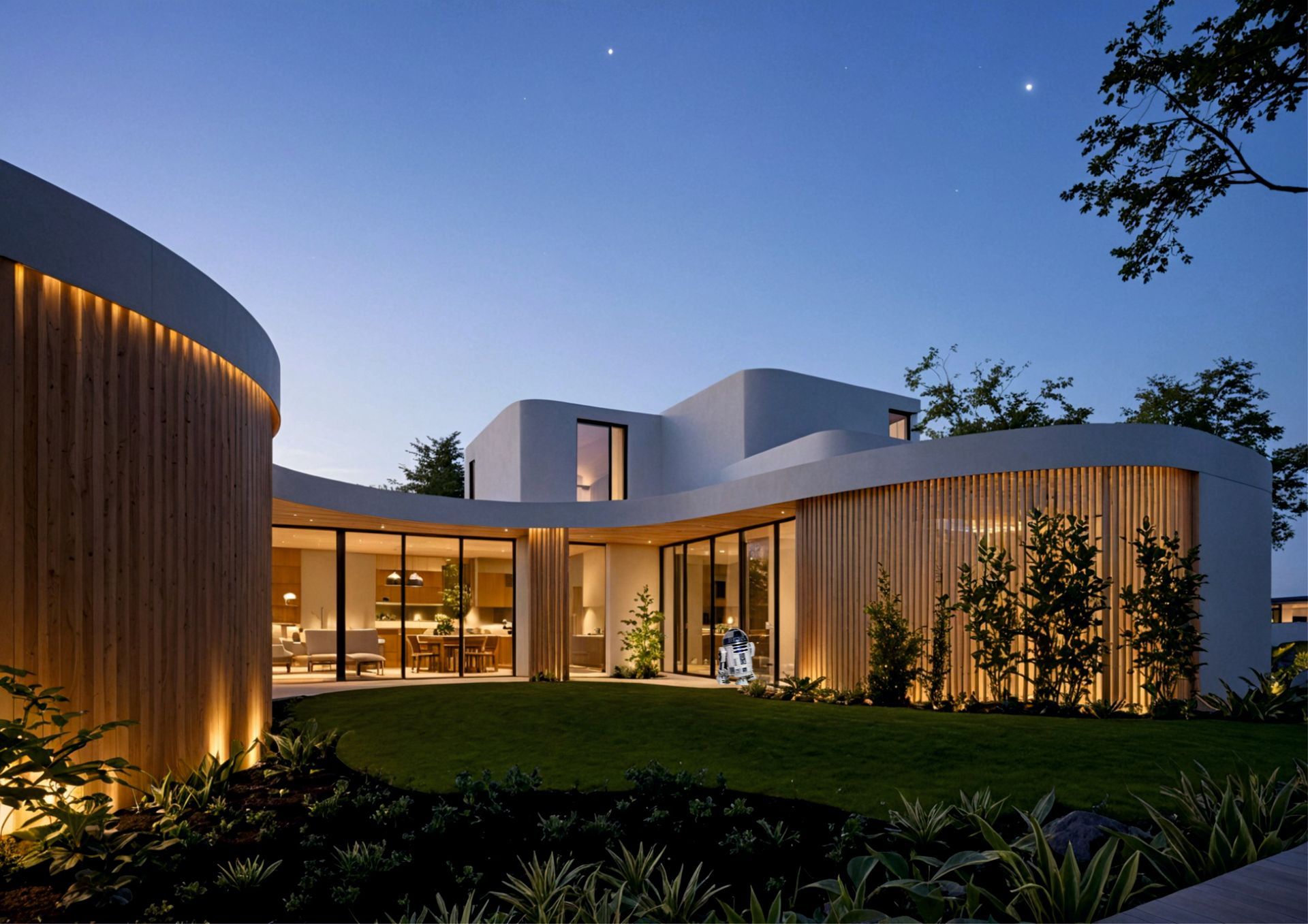 Casa blanca moderna con paredes curvas, puertas de vidrio y detalles de madera, iluminada al anochecer.