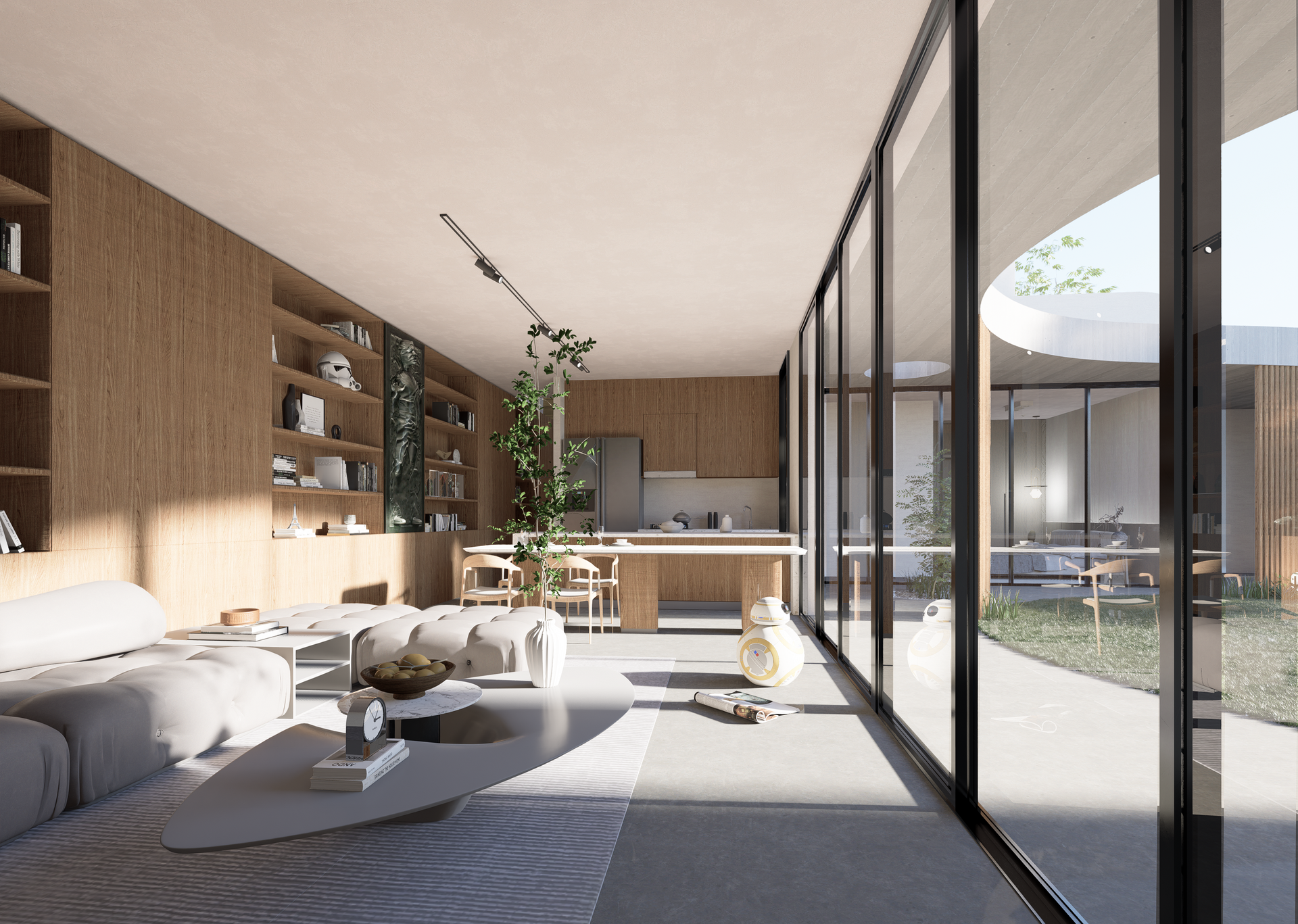 Moderna sala de estar con ventanas de piso a techo, paneles de madera y vista a un patio al aire libre.