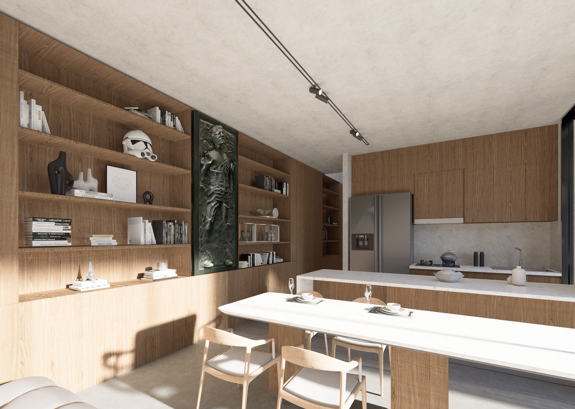 Cocina y comedor modernos con gabinetes de madera, estanterías y una mesa larga blanca.