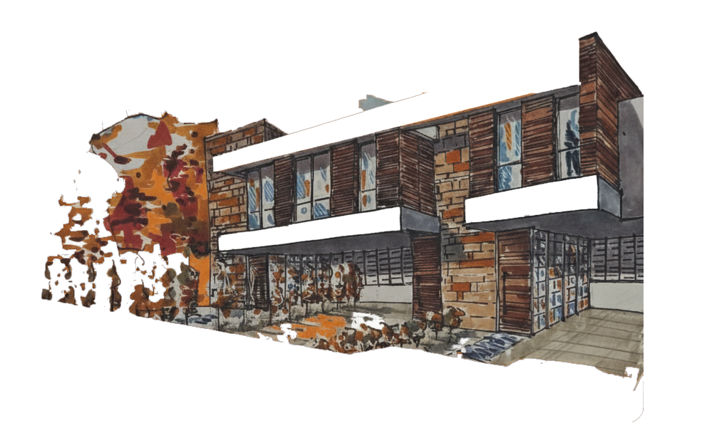 Edificio de ladrillo de dos plantas con ventanas, aleros blancos y un camino de hormigón. Árboles en primer plano.