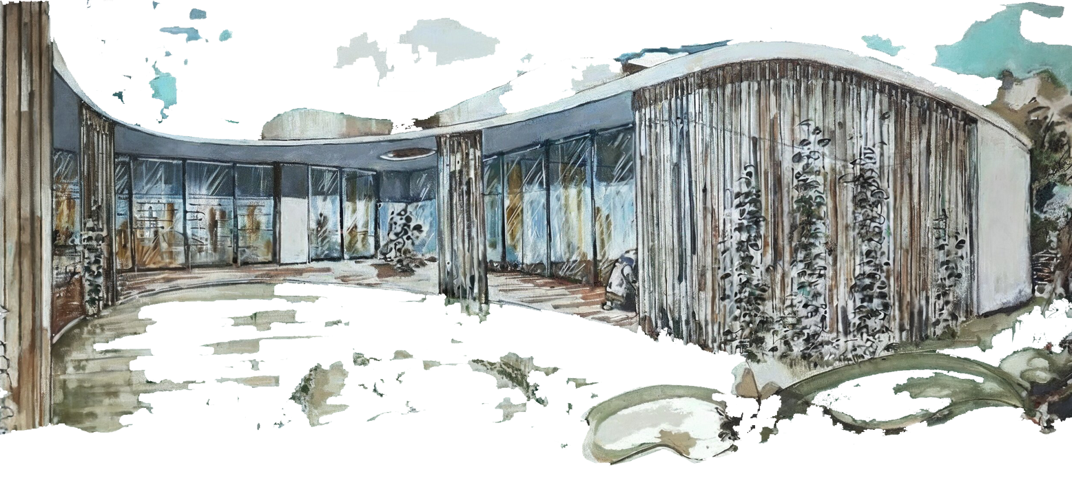 Edificio moderno y curvo con fachada de madera y grandes ventanales, rodeado de nieve y escasa vegetación.