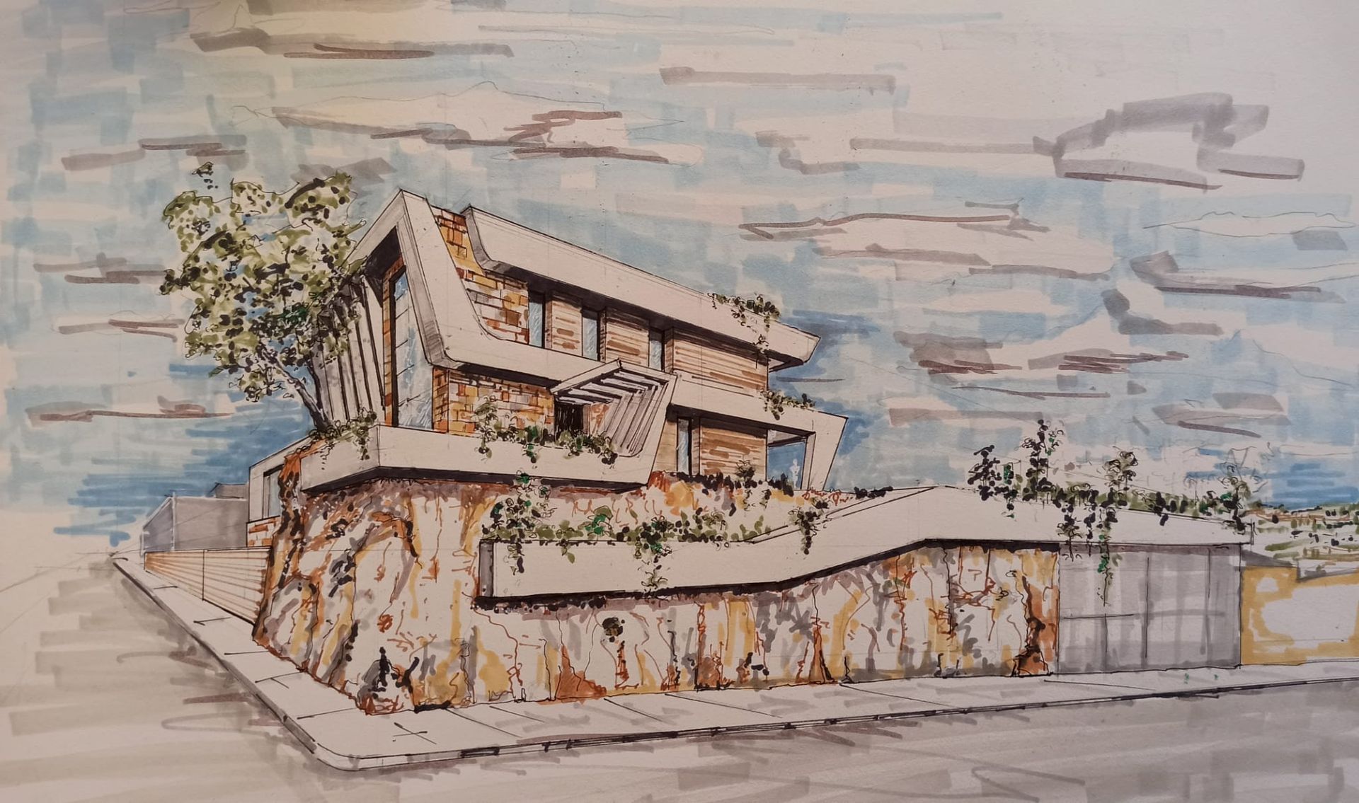 Boceto en estilo acuarela de una casa de piedra moderna con vegetación, frente a un cielo azul nublado.