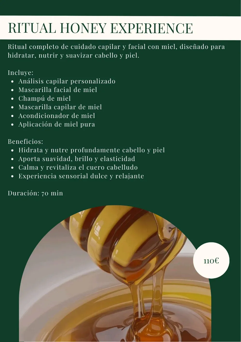 Póster verde para un ritual de miel. Vertido de miel. El texto describe la experiencia y sus beneficios.