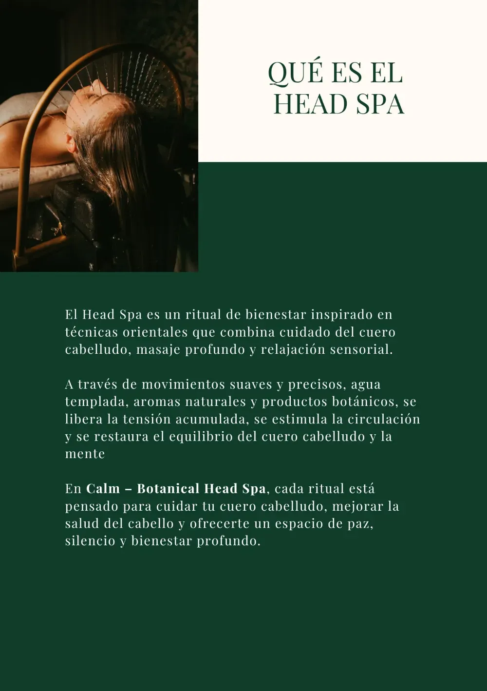 Mujer recibiendo tratamiento de spa para la cabeza. Texto en verde: "¿Qué es el Spa para la Cabeza?". Fondo verde oscuro.