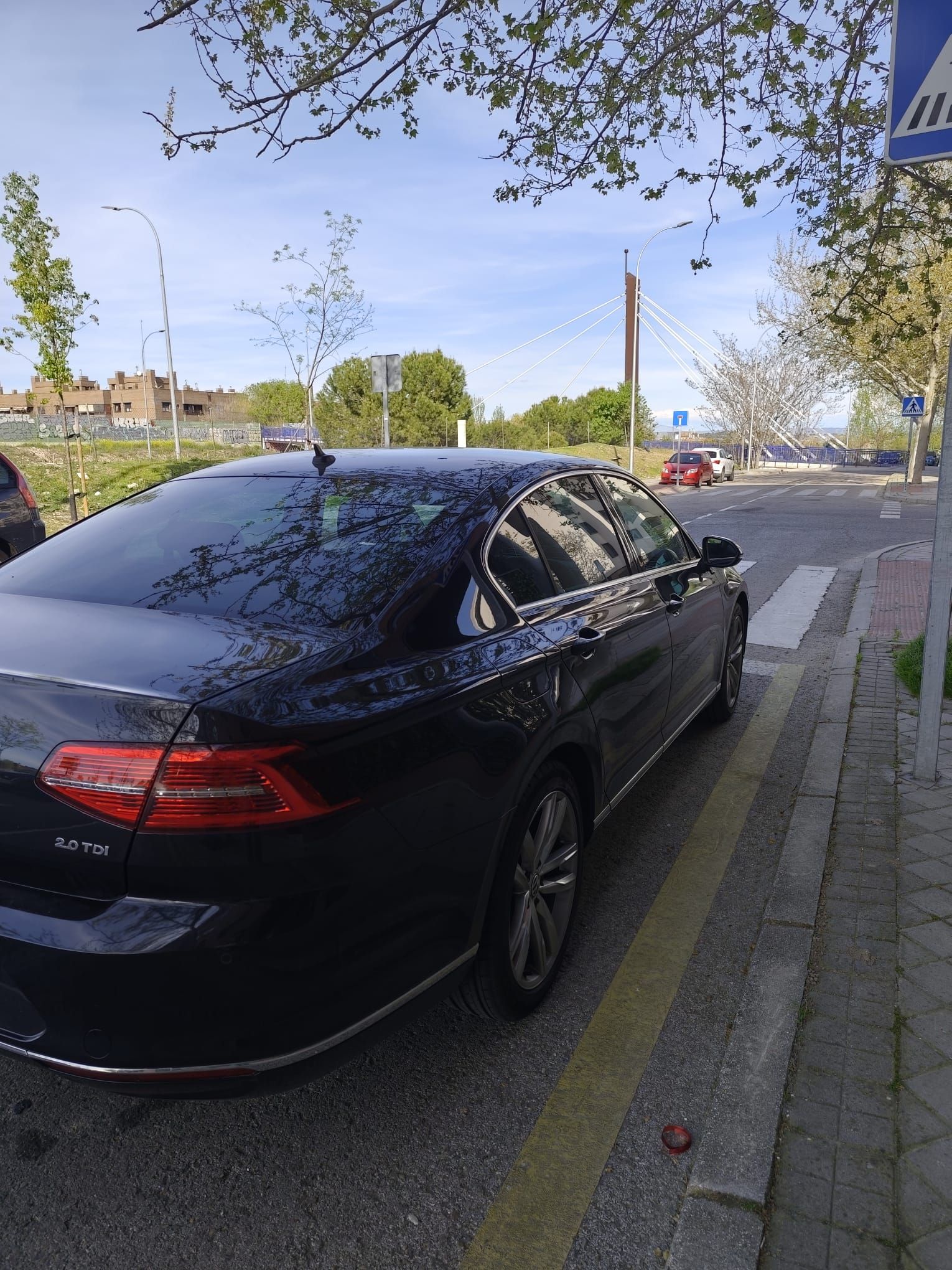 Un sedán negro estacionado junto a la acera, bajo la sombra de unos árboles, en una calle soleada.