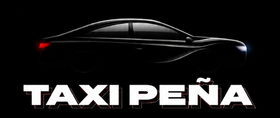 Silueta de un coche negro sobre el texto “TAXI PEÑA” sobre un fondo negro.