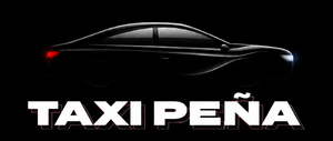Silueta de un coche negro sobre el texto “TAXI PEÑA” sobre un fondo negro.