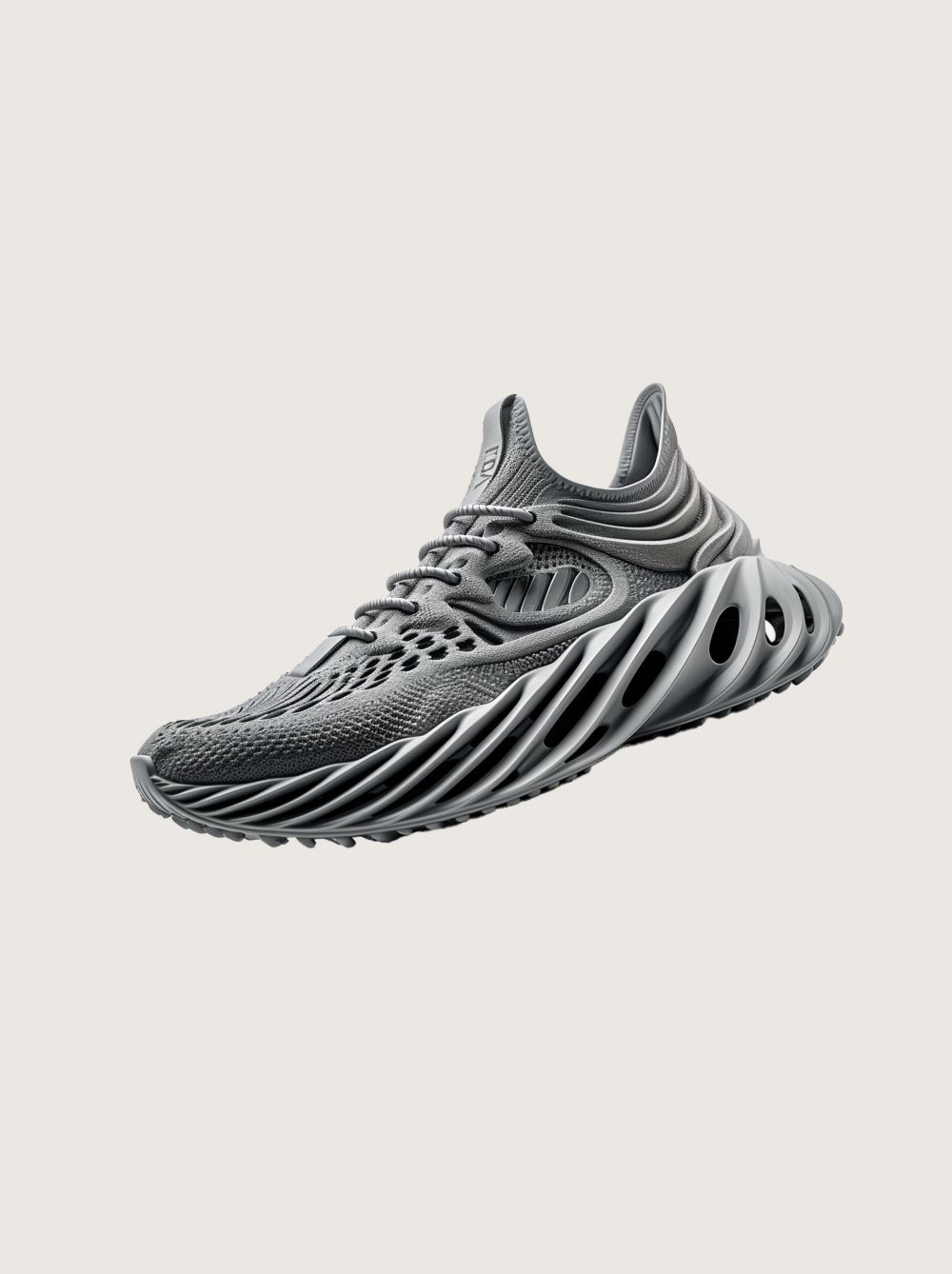 Grauer Sportschuh mit einzigartigem strukturiertem Design.