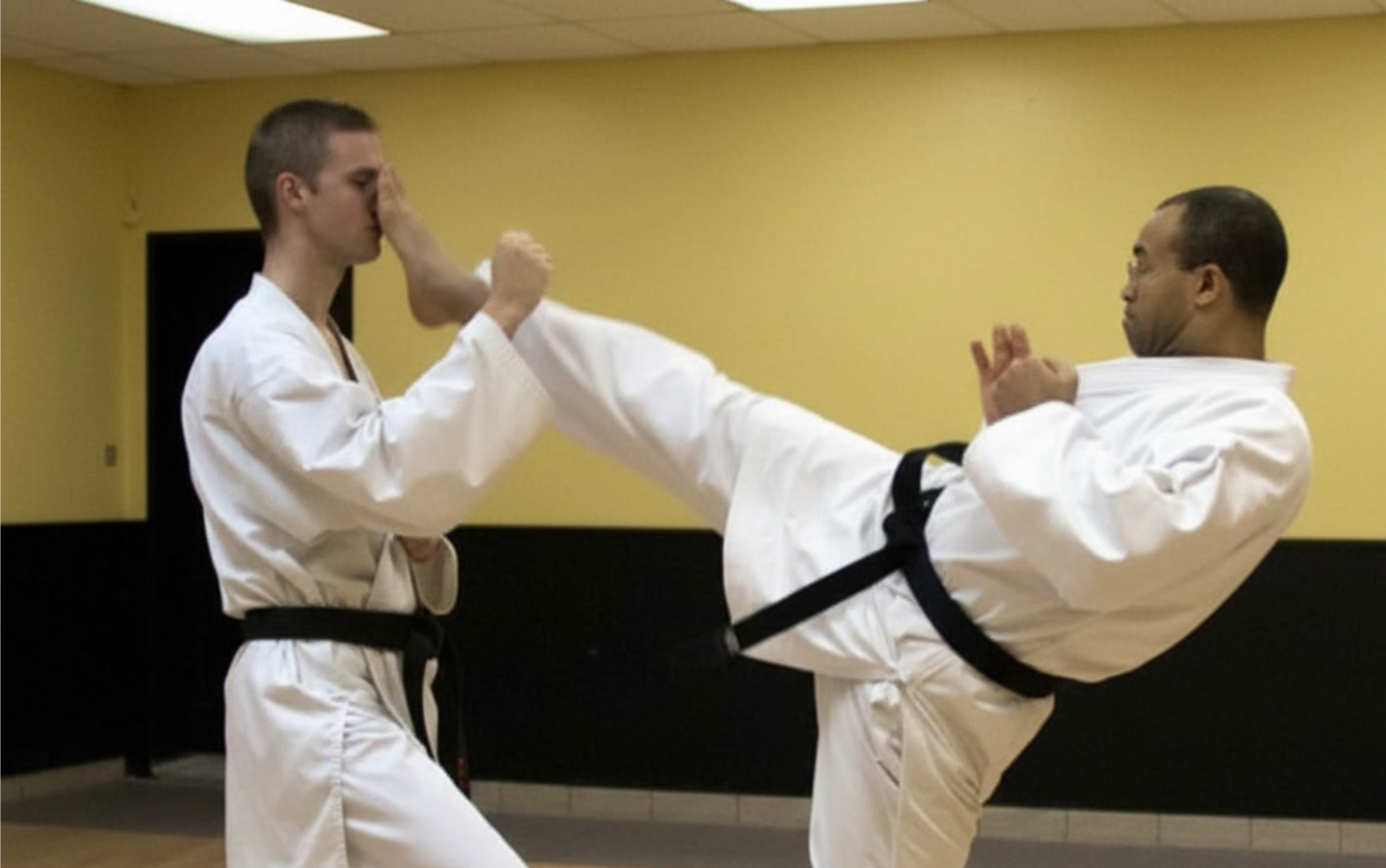 Un homme en kimono effectue une parade. Il se trouve dans un dojo et son attention est portée sur sa main.