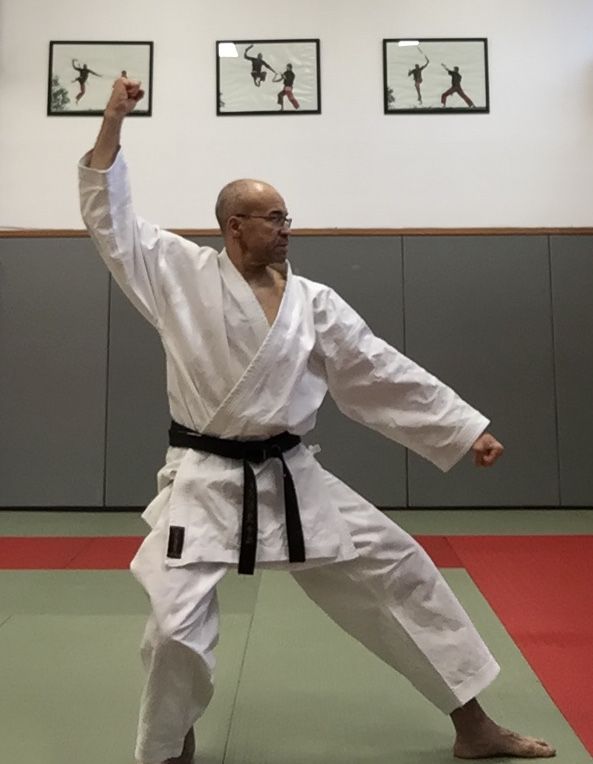 Pratiquant de karaté en kimono blanc, ceinture noire, effectuant un blocage. En intérieur.