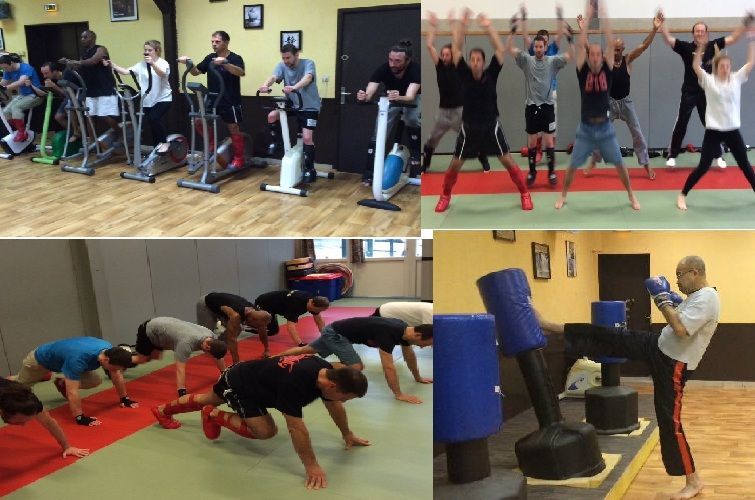Des personnes font de l'exercice dans une salle de sport ; elles font des levées de jambes au sol. Un vélo elliptique est visible.