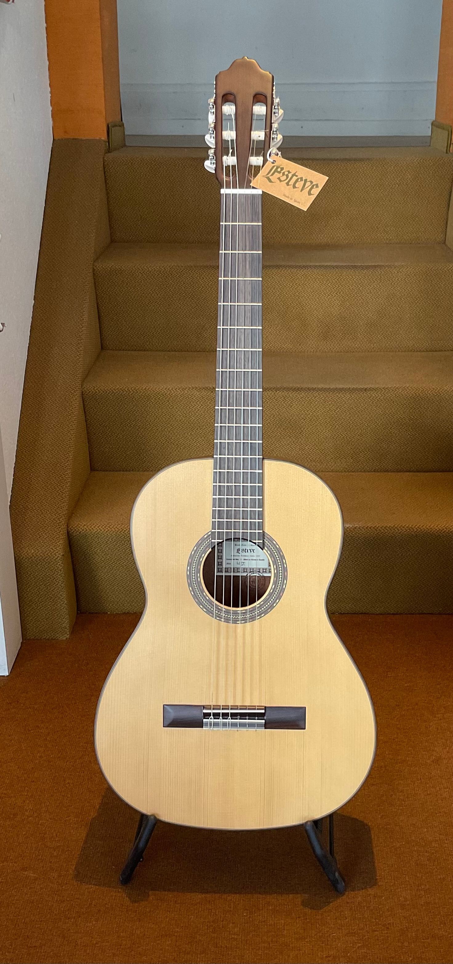 Akustikgitarre auf einem Ständer vor einer mit Teppich ausgelegten Treppe