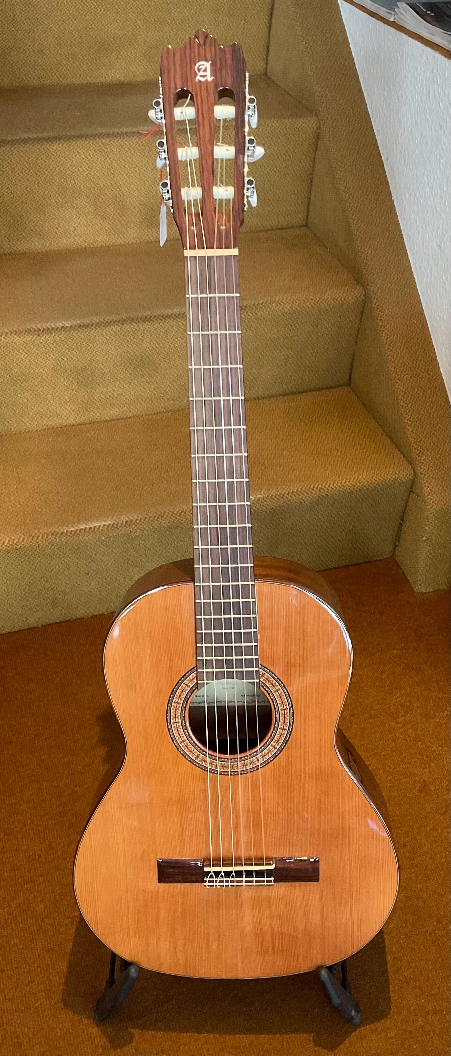 Eine klassische Gitarre mit Holzfinish steht aufrecht auf einer mit Teppich ausgelegten Treppe.