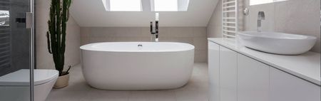 Baño blanco moderno con bañera, lavabo y planta.