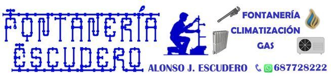 Logotipo para Fontaner&iacute;a Escudero. Servicios de plomer&iacute;a con informaci&oacute;n de contacto y climatizaci&oacute;n.