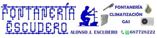 Logotipo para Fontaner&iacute;a Escudero. Servicios de plomer&iacute;a con informaci&oacute;n de contacto y climatizaci&oacute;n.