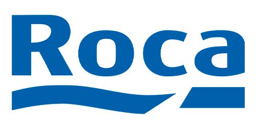 Logotipo de la marca Roca en color azul, con la palabra “Roca” encima de una ola estilizada y un elemento de línea plana.