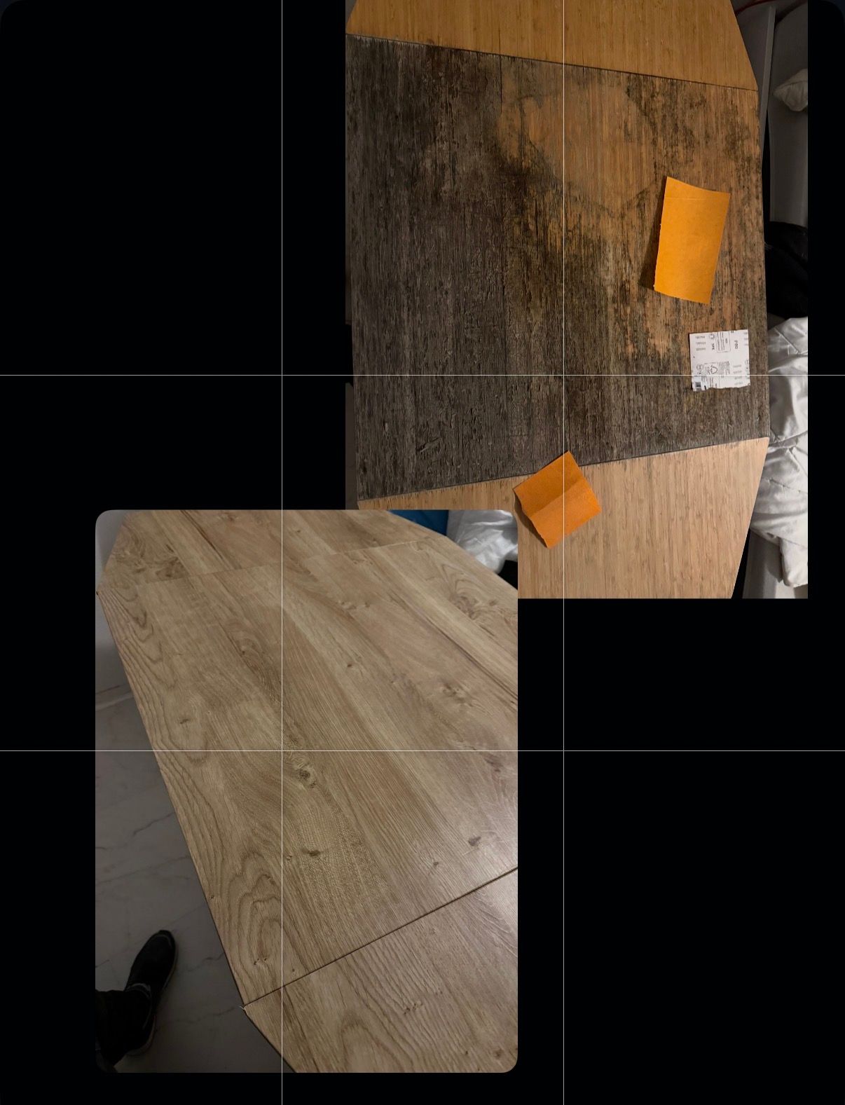 Vue composite montrant une dalle de bois aux bords rugueux et recouverts d'écorce, à côté d'un plateau de table en bois lisse et fini.