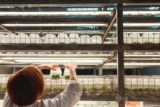 Una persona fotografía un edificio industrial de varios pisos a través de una ventana, con un río o canal debajo.