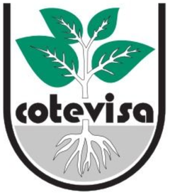 Logotipo de Cotevisa con hojas verdes y raíces blancas sobre texto negro sobre un fondo gris con forma de escudo.
