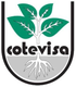 Logotipo de Cotevisa con hojas verdes y raíces blancas sobre texto negro sobre un fondo gris con forma de escudo.