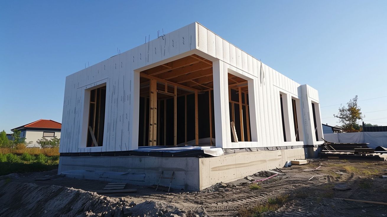 Une maison neuve en construction, avec des panneaux muraux isolants.