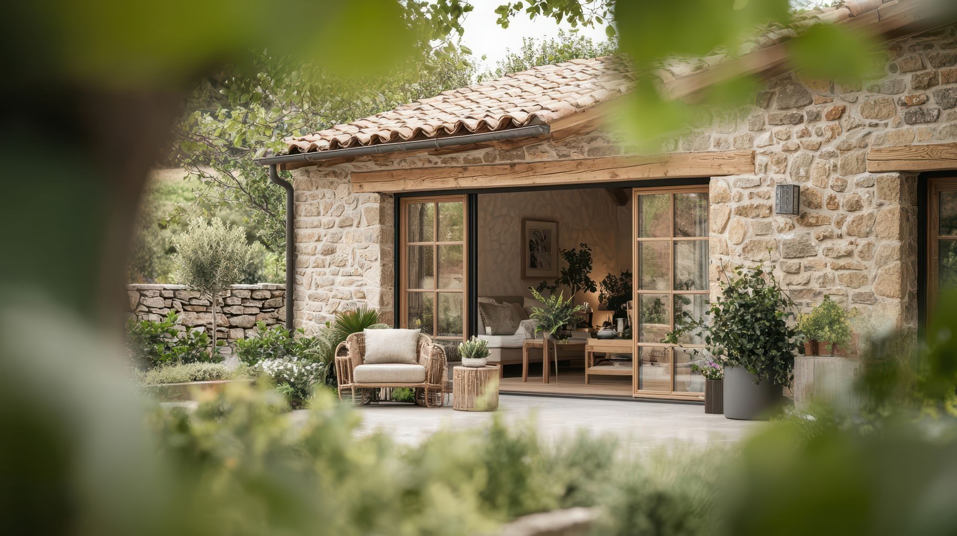 Un cottage en pierre avec une porte ouverte donnant sur un patio ensoleillé.