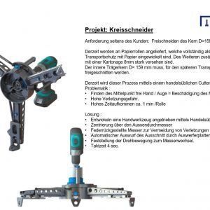 Blaue mechanische Hebevorrichtung, abgebildet in einem deutschen Produktdatenblatt mit Fotos und stichpunktartigen technischen Daten.