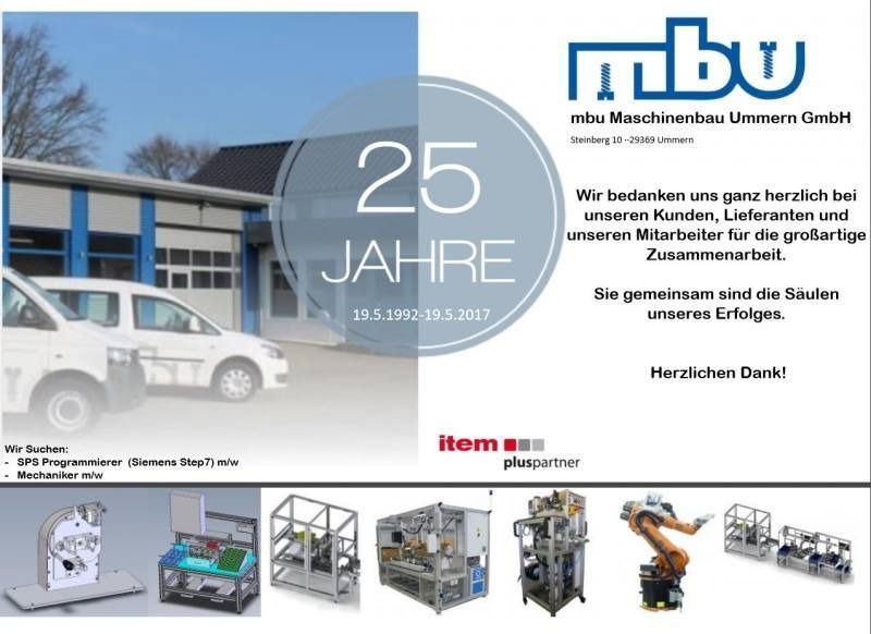 Werbeplakat zum 25-jährigen Jubiläum von MBU mit Firmenlogo, Gebäude und Produktabbildungen