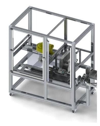 Industriemaschine in einem silbernen Aluminiumrahmen mit gelbem Motor und sichtbaren Antriebskomponenten
