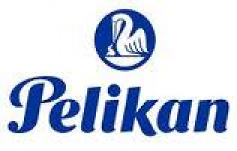 Pelikan-Logo in Blau mit einem weißen Pelikan-Emblem über dem Wort „Pelikan“