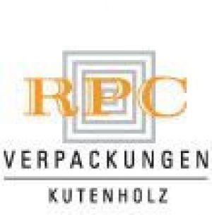 REC Verpackungen Kutenholz Logo mit orangefarbenen Buchstaben und grauen Quadraten auf weißem Hintergrund