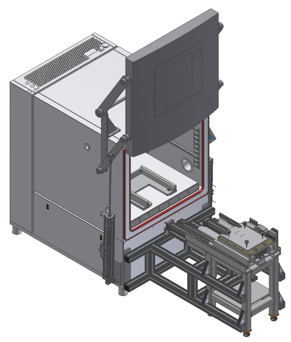 3D-CAD-Zeichnung einer grauen Industriemaschine mit offener Fronttür und angebautem Förderbandrahmen