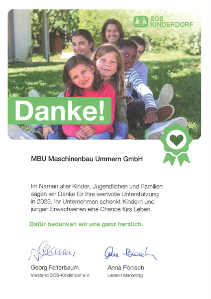 Dankesplakat mit lächelnder Gruppe, grünem „Danke!“-Banner sowie deutschem Spendenaufruf und Unterschriften