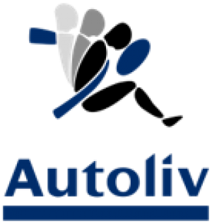 Autoliv-Logo mit stilisierter laufender Figur in Blau, Schwarz und Grau über dem Firmennamen