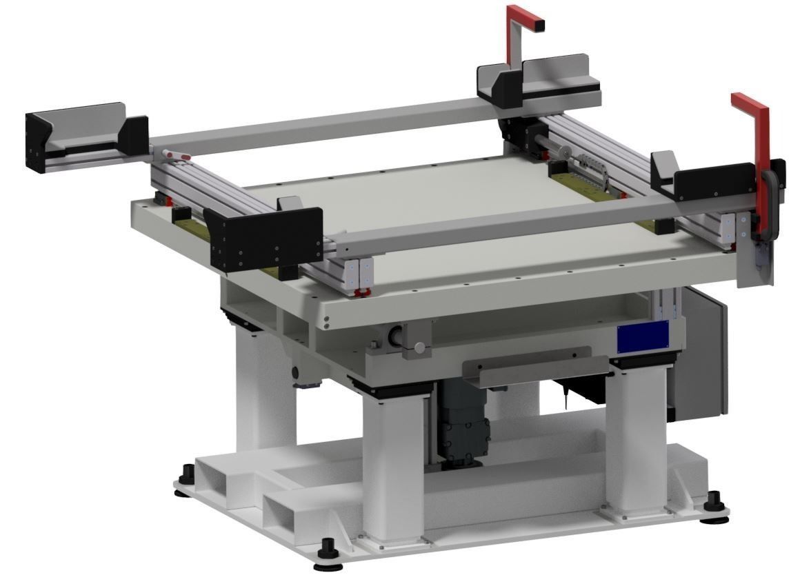 Industrielle Siebdruckmaschine mit Flachbett, Metallrahmen und roten Griffen auf weißem Hintergrund