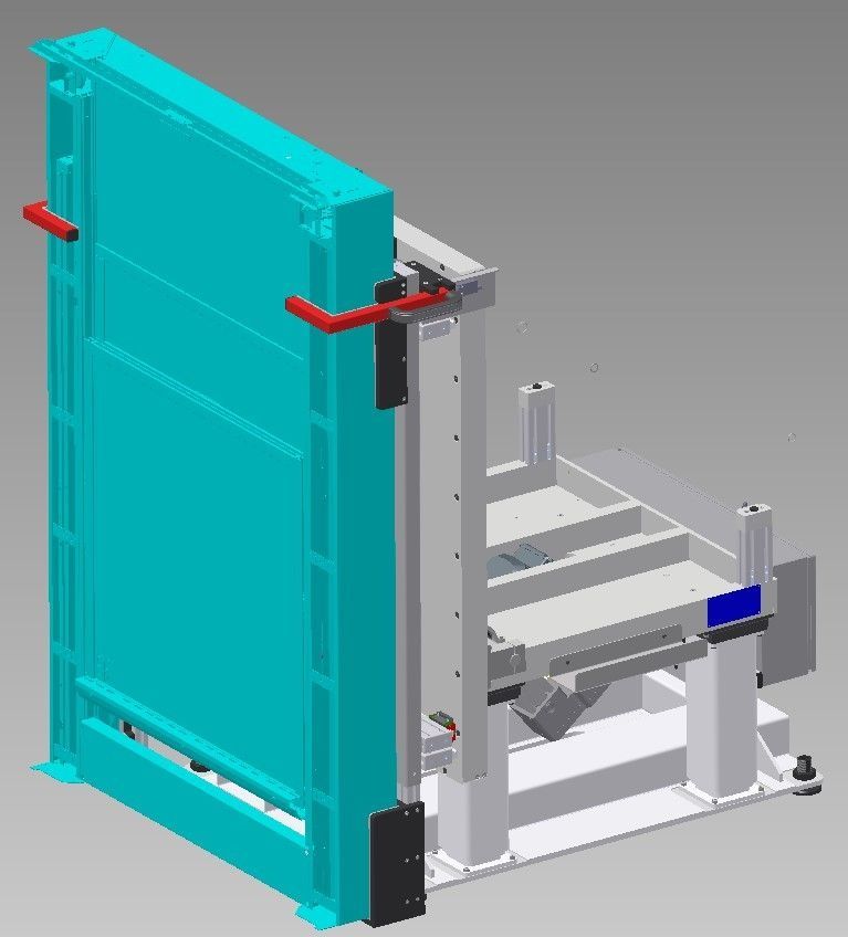 3D-CAD-Modell eines türkisfarbenen Industrietors bzw. -paneels auf einem weißen Metallrahmen mit roten und blauen Klemmen