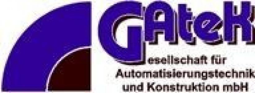 GATEK-Logo mit lila-braunem abstraktem Bogen und deutschem Text für Automatisierungstechnik und Sonderanfertigungen.