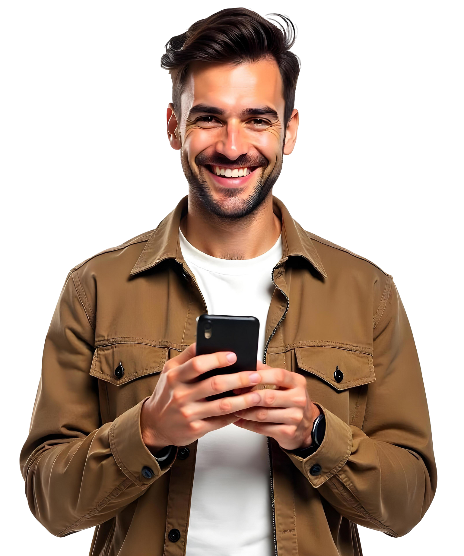 Homme en chemise marron souriant avec un téléphone entre les mains