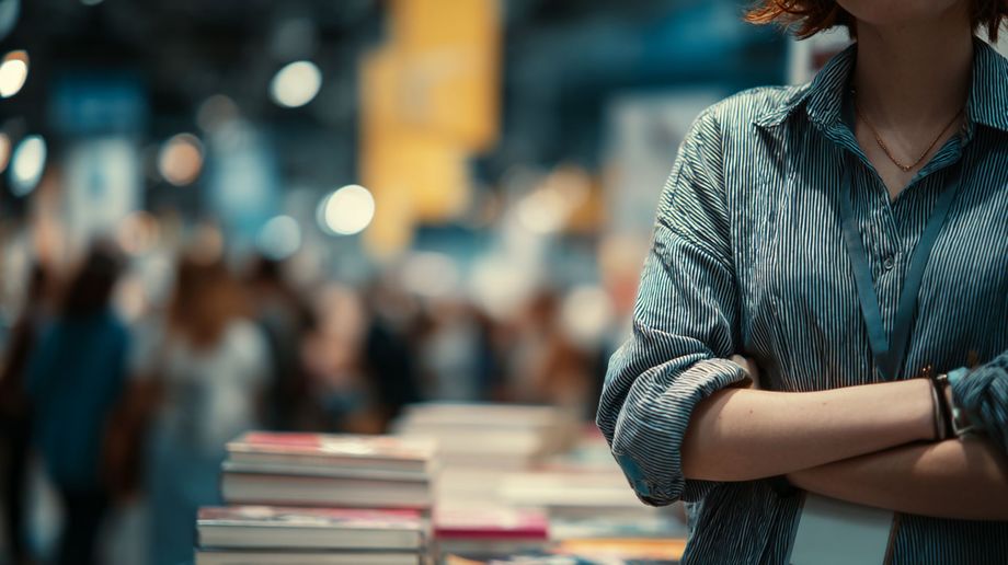 Femme en chemise au premier plan et foule de personnes en arrière-plan