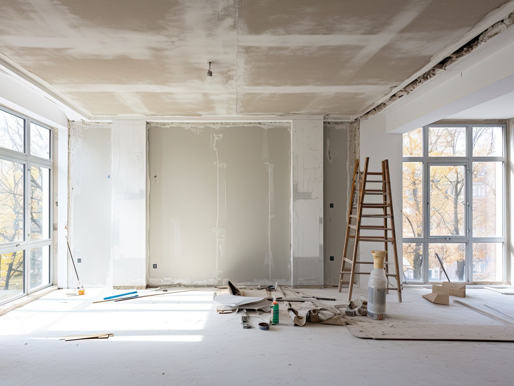 Pièce en rénovation avec cloisons sèches, échelle et outils.