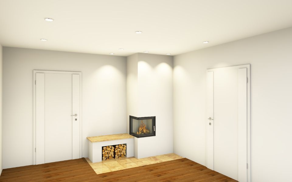 In der Wandkante eingebauter Kamin in Weiß
