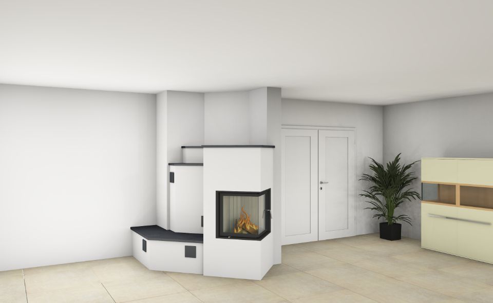 Stufenartig aufgebauter Kamin in Weiß