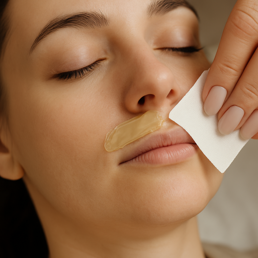 Femme se faisant épiler les lèvres à la cire, avec une bande de cire appliquée et une main tenant une bande de retrait.