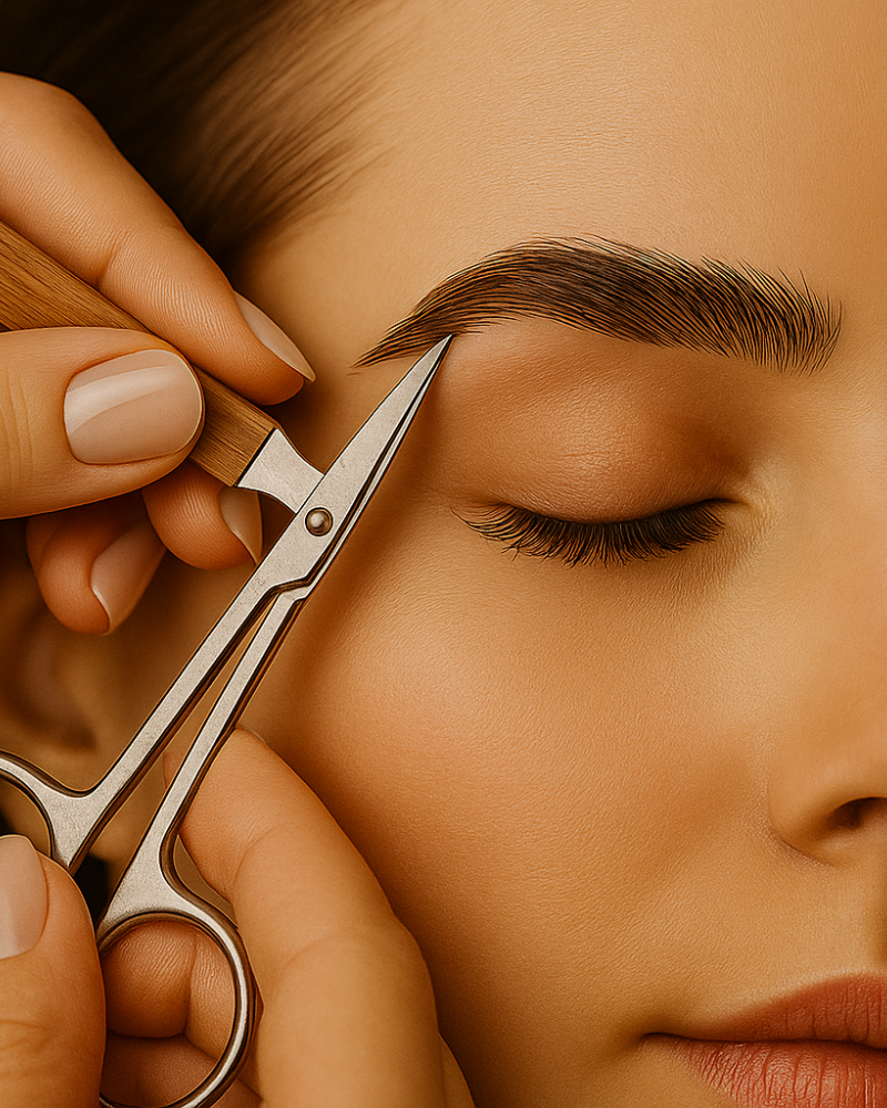 Femme se faisant couper les sourcils avec de petits ciseaux.