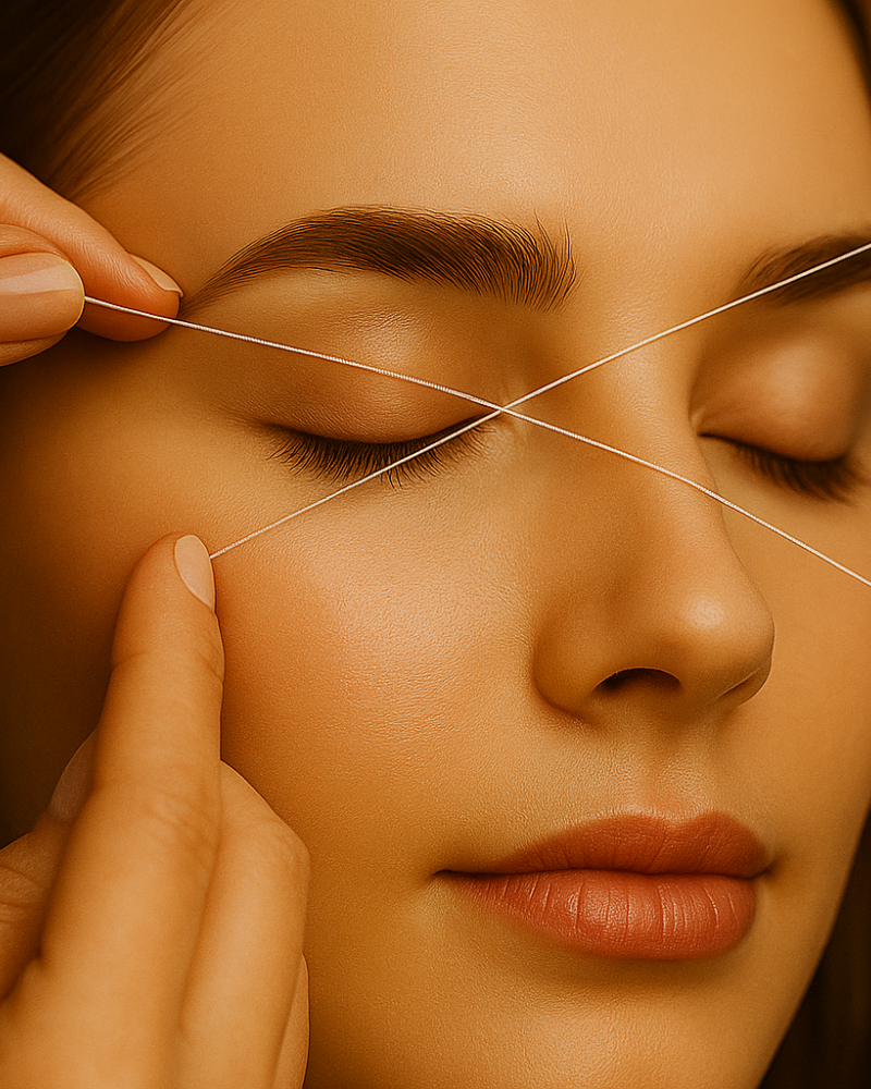 Personne recevant une épilation des sourcils au fil ; gros plan du visage, le fil blanc traverse l'œil et le sourcil.