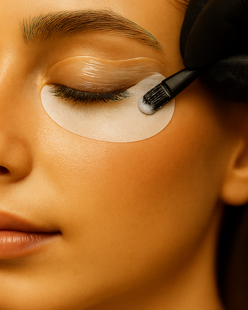 Femme aux yeux fermés, subissant une procédure de rehaussement de cils avec un technicien appliquant un produit.